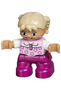 Duplo Figure Lego Ville, Child Girl, Magenta Legs, Bright Pink Top with Flowers, Tan Hair with Braids, Rectangular Blue Eyes 47205pb028