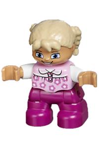 Duplo Child Girl - Lego Ville Duplo figure of a girl child with magenta legs, bright pink top with flowers, tan hair with braids, and rectangular blue eyes - 47205pb028