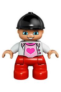 Duplo Figure Lego Ville, Child Girl, Red Legs, White Top with Heart, Black Riding Helmet 47205pb029