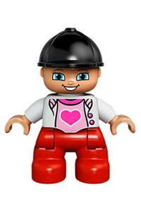 Duplo Child Girl - Lego Ville Duplo figure: girl with red legs, white top featuring a heart, and black riding helmet - 47205pb029