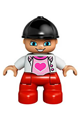 Duplo Figure Lego Ville, Child Girl, Red Legs, White Top with Heart, Black Riding Helmet - 47205pb029