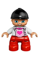 Lego Ville Duplo figure: girl with red legs, white top featuring a heart, and black riding helmet - 47205pb029