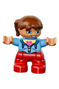Duplo Figure Lego Ville, Child Girl, Red Legs, Medium Blue Jacket over Shirt with Flower, Reddish Brown Pigtails 47205pb030