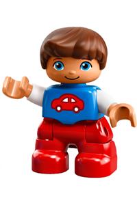 Duplo Figure Lego Ville, Child Boy, Red Legs, Blue Top with Red Car Pattern, Reddish Brown Hair 47205pb031