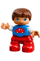 Duplo Figure Lego Ville, Child Boy, Red Legs, Blue Top with Red Car Pattern, Reddish Brown Hair - 47205pb031