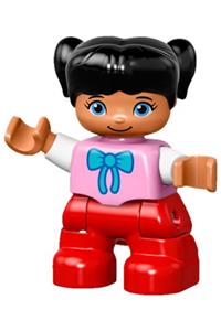 Duplo Figure Lego Ville, Child Girl, Red Legs, Bright Pink Top with Bow Tie, Black Hair with Ponytails 47205pb032