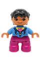 Duplo Figure Lego Ville, Child Girl, Magenta Legs, Medium Blue Jacket over Shirt with Flower, Black Pigtails - 47205pb035