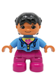 Duplo Figure Lego Ville, Child Girl, Magenta Legs, Medium Blue Jacket over Shirt with Flower, Black Pigtails, Oval Eyes - 47205pb035a