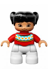 Duplo Figure Lego Ville, Child Girl, White Legs, Red Fair Isle Sweater with Orange Diamonds, Brown Eyes with Cheeks Outline, Black Pigtails 47205pb036