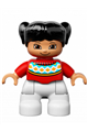 Duplo Figure Lego Ville, Child Girl, White Legs, Red Fair Isle Sweater with Orange Diamonds, Brown Eyes with Cheeks Outline, Black Pigtails - 47205pb036