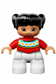 LEGO Ville Duplo figure of a child girl with white legs, wearing a red fair isle sweater with orange diamonds, brown eyes, and black pigtails - 47205pb036