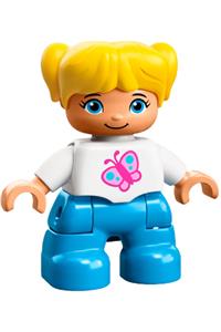 Duplo Figure Lego Ville, Child Girl, Dark Azure Legs, White Top with Pink Butterfly, Yellow Hair with Ponytails 47205pb037