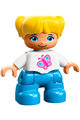 Duplo Figure Lego Ville, Child Girl, Dark Azure Legs, White Top with Pink Butterfly, Yellow Hair with Ponytails - 47205pb037