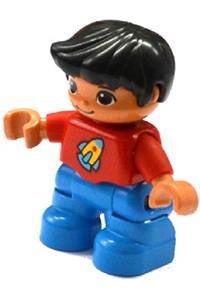 Duplo Figure Lego Ville, Child Boy, Dark Azure Legs, Red Top with Space Rocket Ship, Black Hair 47205pb038