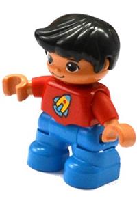 Duplo Child Boy - Child boy Duplo figure with dark azure legs, wearing a red top with a space rocket ship and black hair - 47205pb038