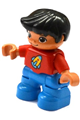 Duplo Figure Lego Ville, Child Boy, Dark Azure Legs, Red Top with Space Rocket Ship, Black Hair - 47205pb038