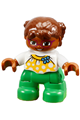 Duplo Figure Lego Ville, Child Girl, Green Legs, White Top with Yellow Pattern and Blue Bow, Brown Hair, Brown Head, Magenta Glasses - 47205pb039