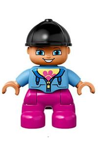 Duplo Child Girl - Lego Ville Duplo figure of a child girl with dark pink legs, a medium blue jacket with a flower top, and a black riding helmet - 47205pb040