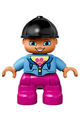 Lego Ville Duplo figure of a child girl with dark pink legs, a medium blue jacket with a flower top, and a black riding helmet - 47205pb040