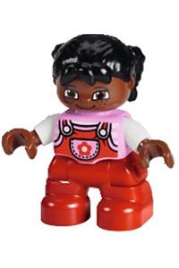 Duplo Figure Lego Ville, Child Girl, Red Legs, Bright Pink Top with Flower on Pocket, White Arms, Black Hair Pigtails with Uneven Bangs 47205pb041