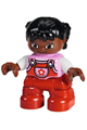 Duplo Figure Lego Ville, Child Girl, Red Legs, Bright Pink Top with Flower on Pocket, White Arms, Black Hair Pigtails with Uneven Bangs - 47205pb041