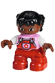 Lego Ville Duplo figure of a child girl with red legs, a bright pink top with a flower pocket, white arms, and black hair in pigtails with uneven bangs - 47205pb041