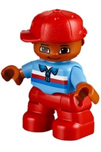 Duplo Figure Lego Ville, Child Boy, Red Legs, Medium Blue Top with Zipper and Blue, Red and White Stripes, Red Cap 47205pb042