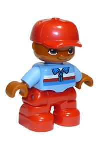 Duplo Figure Lego Ville, Child Boy, Red Legs, Medium Blue Top with Zipper and Blue, Red and White Stripes, Red Cap, Oval Eyes 47205pb042a