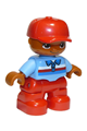 Duplo Figure Lego Ville, Child Boy, Red Legs, Medium Blue Top with Zipper and Blue, Red and White Stripes, Red Cap, Oval Eyes - 47205pb042a