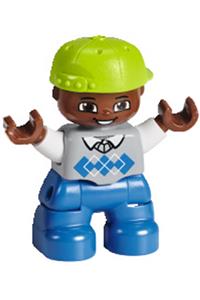 Duplo Child Boy - Lego Ville child boy minifigure with blue legs, light bluish gray sweater, white arms, and lime cap - 47205pb044