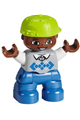 Duplo Figure Lego Ville, Child Boy, Blue Legs, Light Bluish Gray Sweater, White Arms, Lime Cap - 47205pb044