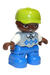 Duplo Child Boy - LEGO Ville Duplo figure, boy with blue legs, light bluish gray argyle sweater vest, white arms, lime cap, and oval eyes - 47205pb044a