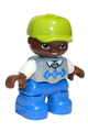 Duplo Figure Lego Ville, Child Boy, Blue Legs, Light Bluish Gray Argyle Sweater Vest, White Arms, Lime Cap, Oval Eyes - 47205pb044a