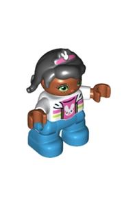 Duplo Child Girl - Lego Ville Duplo figure of a girl child with medium azure legs, wearing a white jacket and pink top with bunny pattern, black hair with pink band and bunny pattern - 47205pb045