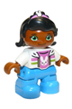 Duplo Figure Lego Ville, Child Girl, Medium Azure Legs, White Jacket and Pink Top with Bunny Pattern, Black Hair with Pink Band and Bunny Pattern - 47205pb045