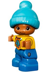 Duplo Figure Lego Ville, Child Boy, Blue Legs, Yellow Top, Medium Azure Bobble Cap 47205pb047