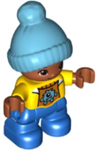 Duplo Child Boy - Lego Ville Duplo figure, child boy with medium azure bobble cap, yellow top, and blue legs - 47205pb047