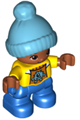 Lego Ville Duplo figure, child boy with medium azure bobble cap, yellow top, and blue legs - 47205pb047