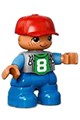 Duplo Figure Lego Ville, Child Boy, Blue Legs, Light Bluish Gray Top with '8' Pattern, Medium Blue Arms, Red Cap, Freckles around Eyes - 47205pb049