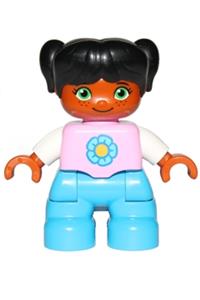 Duplo Child Girl - Lego Ville Duplo figure: child girl with dark azure legs, wearing bright pink top with yellow and dark azure flower, black hair with ponytails - 47205pb050