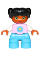 Duplo Figure Lego Ville, Child Girl, Dark Azure Legs, Bright Pink Top with Yellow and Dark Azure Flower, Black Hair with Ponytails - 47205pb050