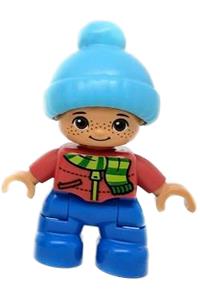 Duplo Figure Lego Ville, Child Boy, Blue Legs, Red Top with Scarf and Zipper Pattern, Freckles, Brown Eyes, Medium Azure Bobble Cap 47205pb051