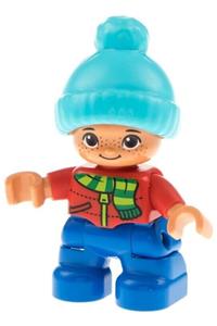 Duplo Figure Lego Ville, Child Boy, Blue Legs, Red Top with Scarf and Zipper Pattern, Freckles, Brown Eyes, Medium Azure Bobble Cap 47205pb051