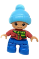 Duplo Figure Lego Ville, Child Boy, Blue Legs, Red Top with Scarf and Zipper Pattern, Freckles, Brown Eyes, Medium Azure Bobble Cap - 47205pb051