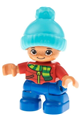 Duplo Figure Lego Ville, Child Boy, Blue Legs, Red Top with Scarf and Zipper Pattern, Freckles, Brown Eyes, Medium Azure Bobble Cap - 47205pb051