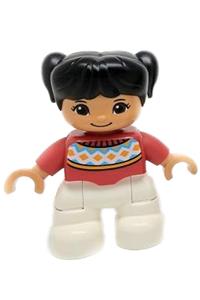 Duplo Figure Lego Ville, Child Girl, White Legs, Red Fair Isle Sweater with Orange Diamonds, Brown Oval Eyes, Black Pigtails 47205pb052