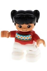 Duplo Figure Lego Ville, Child Girl, White Legs, Red Fair Isle Sweater with Orange Diamonds, Brown Oval Eyes, Black Pigtails 47205pb052