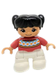 Duplo Figure Lego Ville, Child Girl, White Legs, Red Fair Isle Sweater with Orange Diamonds, Brown Oval Eyes, Black Pigtails - 47205pb052