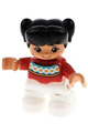 Duplo Figure Lego Ville, Child Girl, White Legs, Red Fair Isle Sweater with Orange Diamonds, Brown Oval Eyes, Black Pigtails - 47205pb052