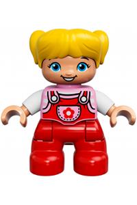 Duplo Child Girl - Lego Ville Duplo figure of a child girl with yellow hair, red legs, white arms, and a bright pink top - 47205pb053